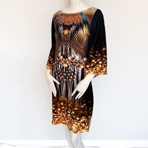 NEW AWOSS Party Dress Stretch Bodycon Scuba 3/4 Bell Sleeve Bedazzled Short M